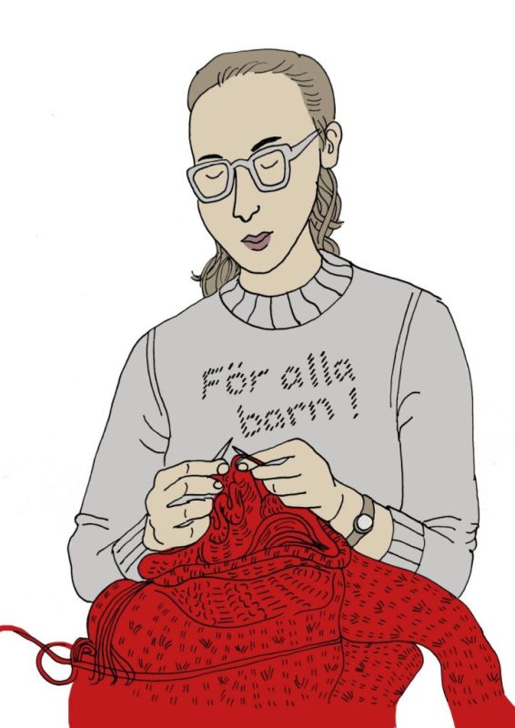 Teckning på en mamma som stickar. Illustratör Wendel Strömbeck