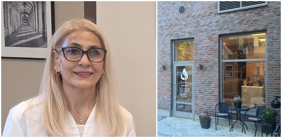 En icke vit kvinna står i vita arbetskläder. Tavlor på väggen och en svart skärm på bordet.En brun och rödtegelbyggnad, med stora fönster. Utanför syns ett kaffébordoch två stolar.