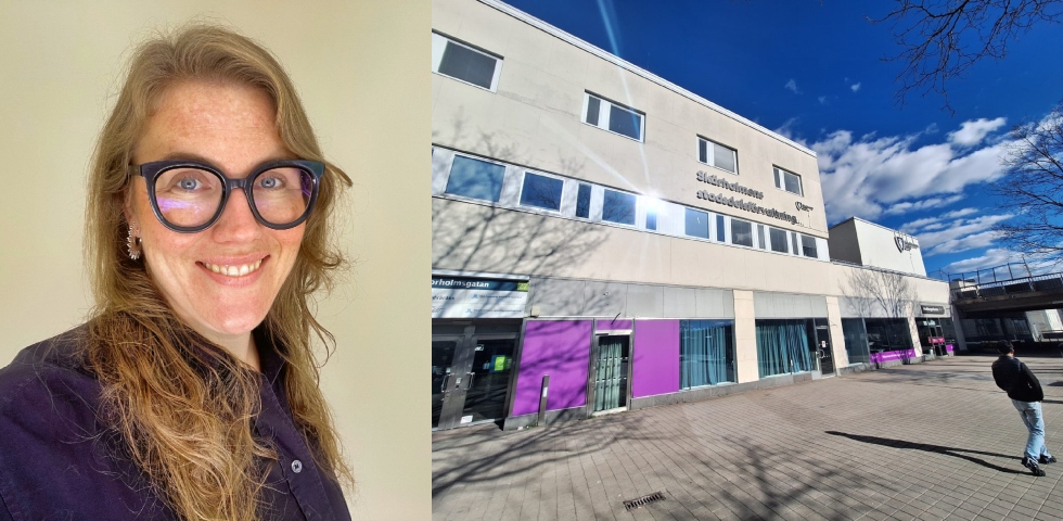 En vit kvinna i långt cendréf'rgat hår, glasögon med tjocka blåa skalmar.