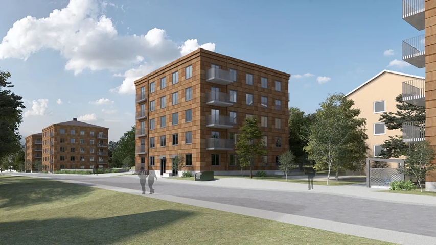 Ett brunt tegelhus i fem våningar med gröna träd och gräsmattor och fignerade människor.