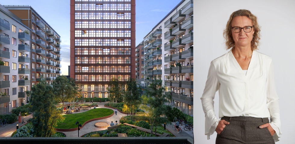 En artificiell bild av ett nytt bostadskvarter med höghus och en park i mitten.