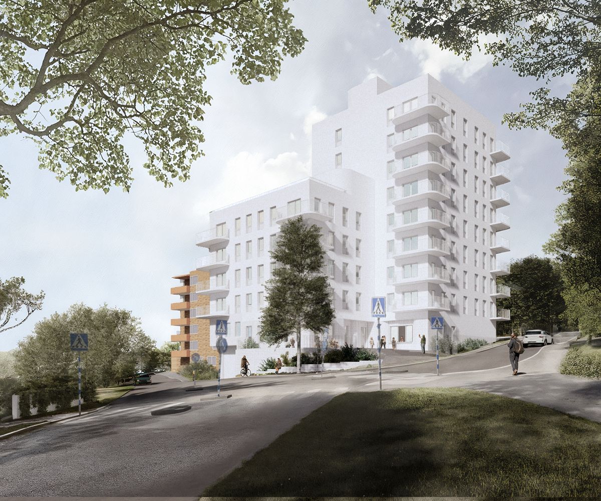 skiss på flerbostadshus