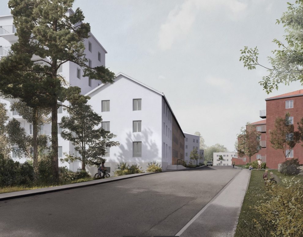 En visualisering med nya hus i vitt tillsamman med de äldre i rött, samt en gata och träd.