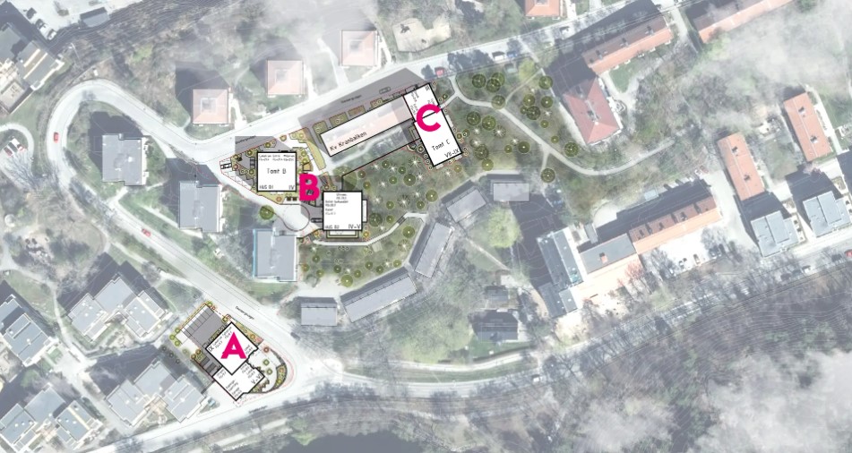 Kartvy uppifrån som visar tre områden med bokstäverna a,b och c utmärkta bland natur och hus.