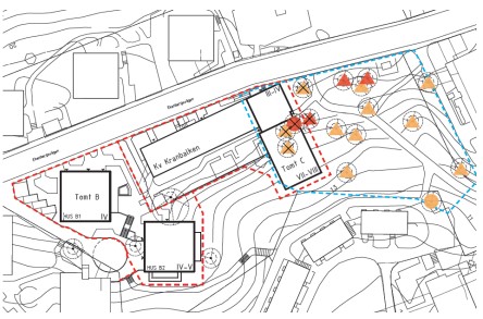 Kartbild med gula och röda symboler för träd.