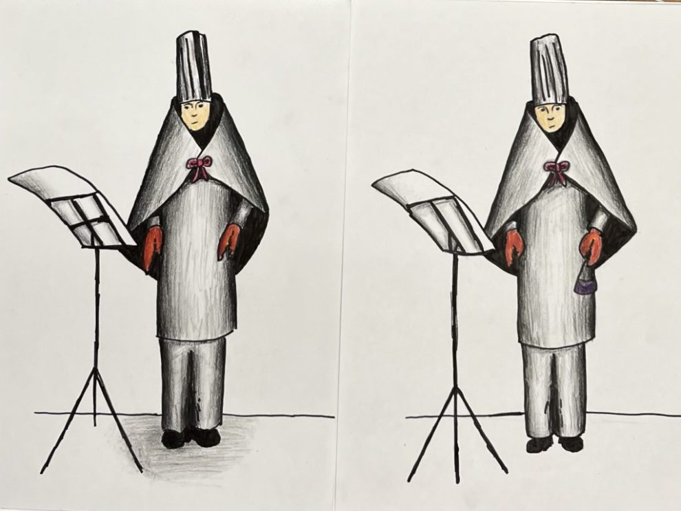 Två nästan identiska teckningar föreställande en figur med gråa kläder och hög hatt samt ett notstativ.