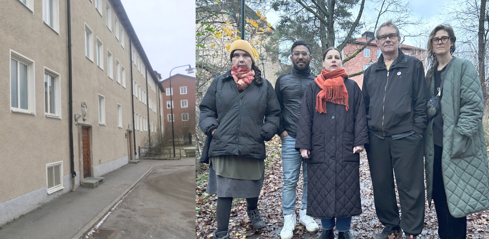 Treåningshus i ljus betond. Till höger fem personer som står i en park.