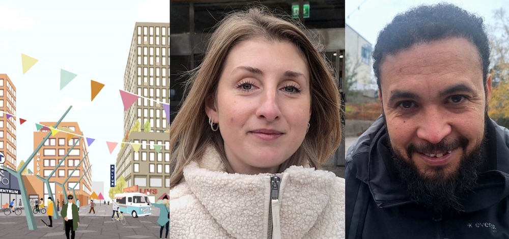 En tecknad bild över ett centrum med höghus och torg