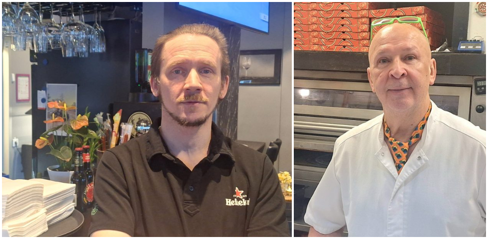 Till vänster: En vit man med ljust hår, svart tröja står med armarna i kors framför en bardisk. Till höger: En vit äldre sakllig man i vita arbetskläder står framför en pizzaung.