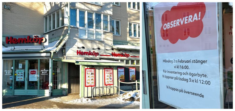 Kollage på Hemköp i Älvsjö och skylt utanför butiken som berättar om ägarbytet.