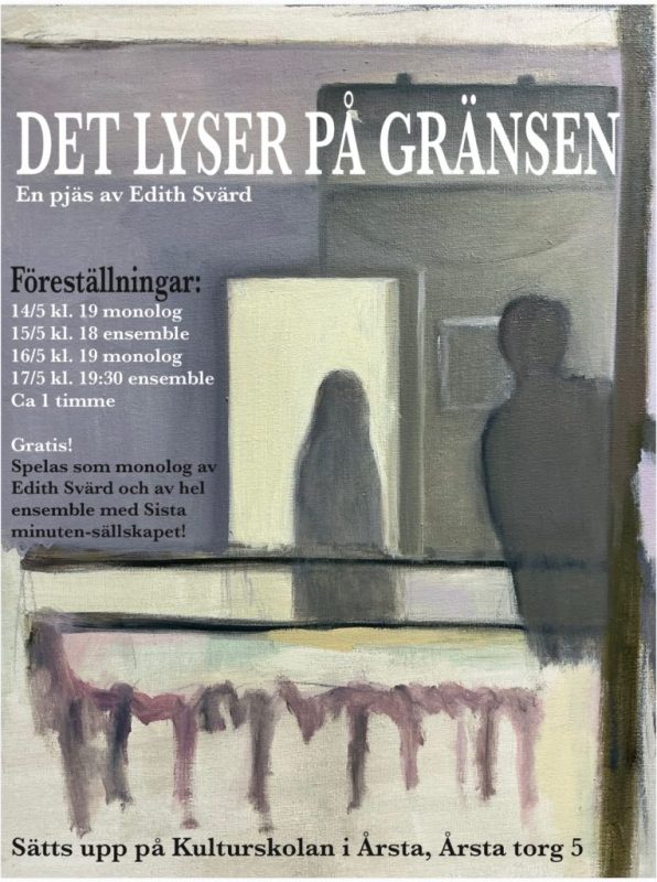 En målad affisch i grå och ljusgula toner. Två mörka gestalter syns bakifrån och tittar mot en dörröppning där ljuset finns.