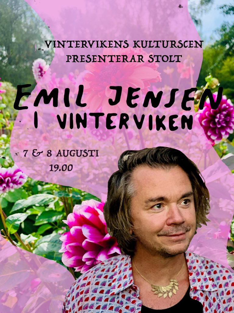 Promotional poster for Emil Jensen at Vintervikens Kulturcentrum, 7–8 August, 19:00, with pink floral background.