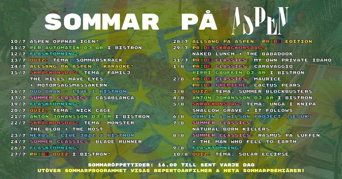 Colorful poster titled 'SOMMAR PÅ ASPEN' listing a day-by-day summer events schedule with dates and activities.