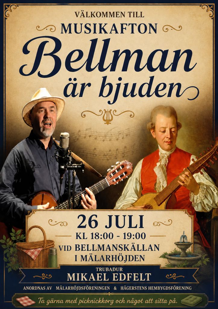 Poster for a music night 'Bellman är bjuden' featuring two guitarists, one with a hat, in a vintage design; shows date 26 juli, 18:00–19:00, at Bellmanskällan in Mälarhöjden, with organizer names listed.