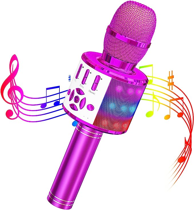 Purple microphone with an LED-lit body, surrounded by rainbow musical notes, conveying singing or music celebration.