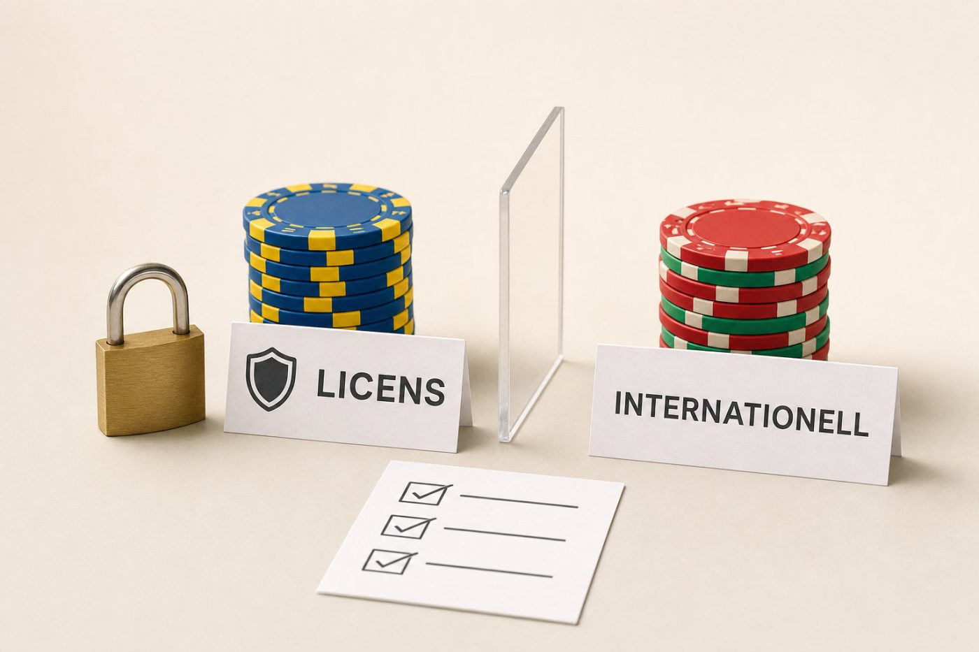 Padlock beside two stacks of poker chips—blue/yellow labeled LICENS on the left and red/green labeled INTERNATIONELL on the right, with a checklist in the foreground.