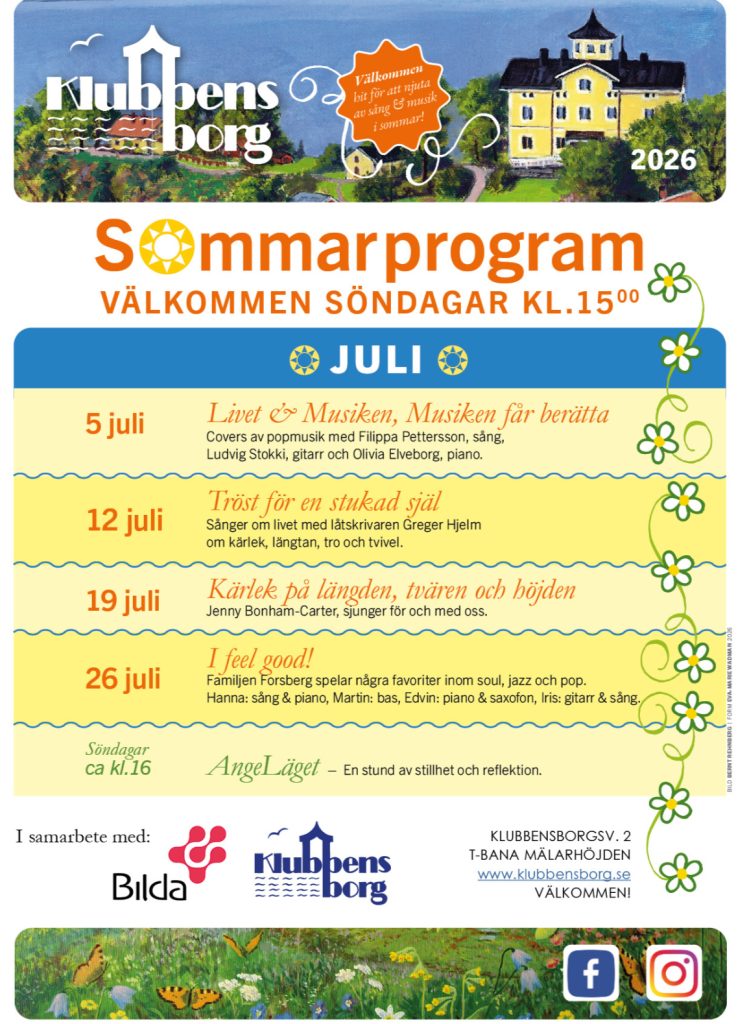 Colorful summer program poster with July schedule, floral border, and sponsor logos.