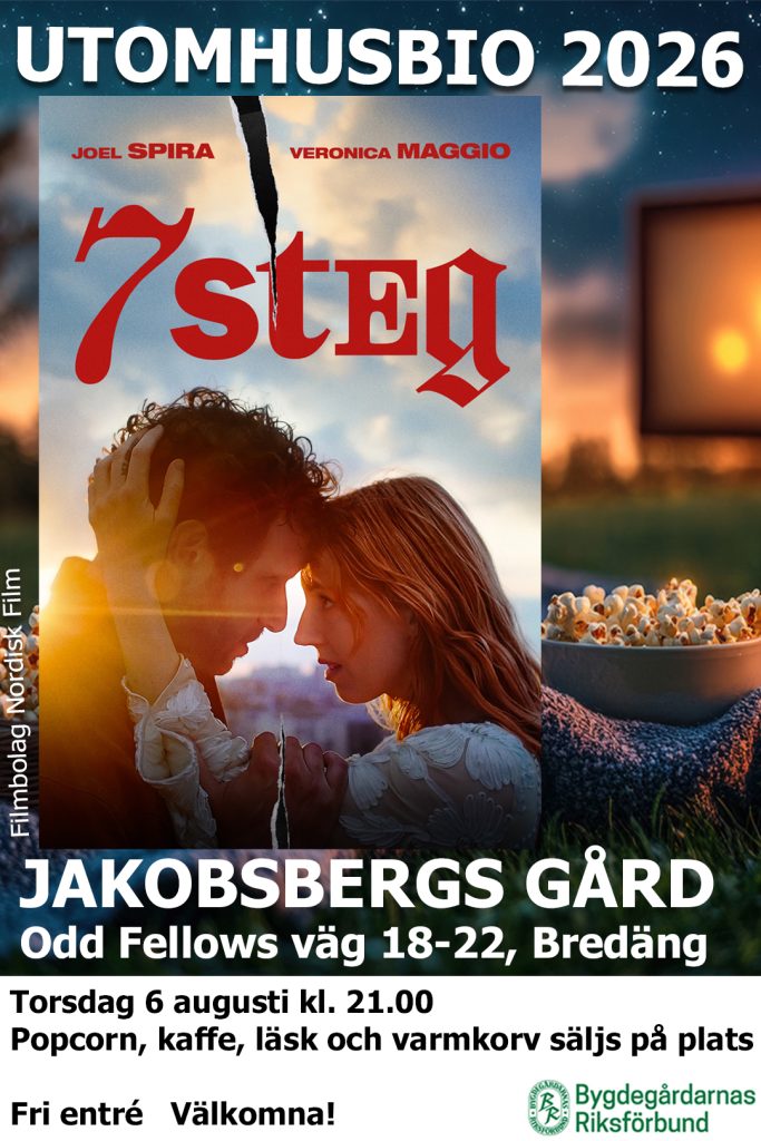 Outdoor cinema poster for Utomhusbio 2026 featuring a couple embracing in front of a film poster, with venue Jakobsbergs Gård (Odd Fellows väg 18–22, Bredäng), date and time, snacks available, free entry, and the organizing logo.