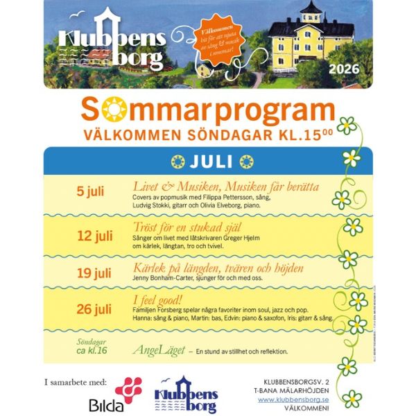 Poster for Klubbensborg summer program with July Sunday events at 15:00 and sponsor logos at the bottom.