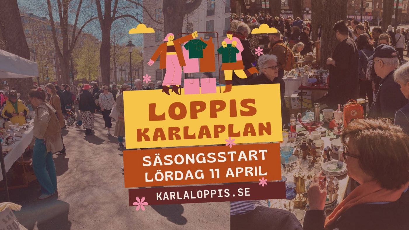 Poster advertising a flea market event in Swedish, with text 'LOPPIS KARLAPLAN' and date 'LÖRDAG 11 APRIL' in bold colors amid a busy outdoor market backdrop.
