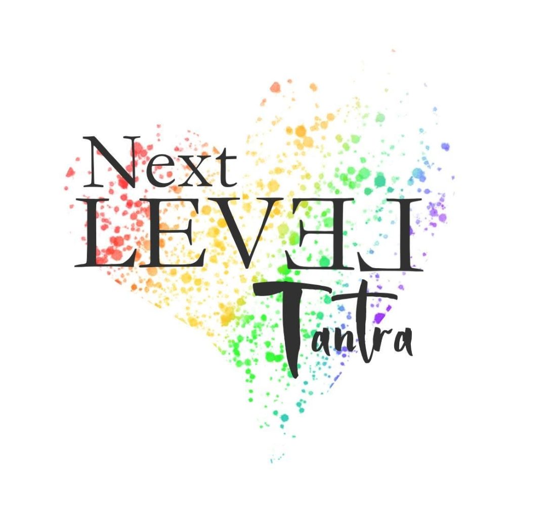 Logo for 'Next Level Tantra' with black wordmark over a rainbow paint-splatter heart shape