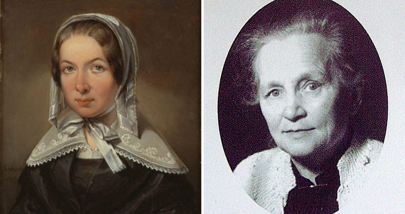 Side-by-side portraits of two women in 19th-century attire; left wears a lace bonnet and scarf, right wears a white shawl and dark top in an oval portrait frame.