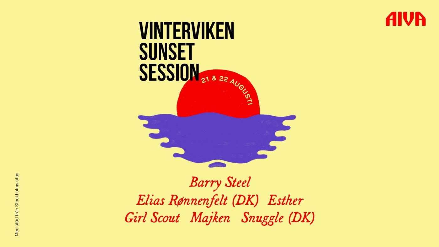 Poster for Vinterviken Sunset Session on pale yellow background with a red sun over a purple wave; event dates 21 & 22 August and lineup of performers listed in red text.