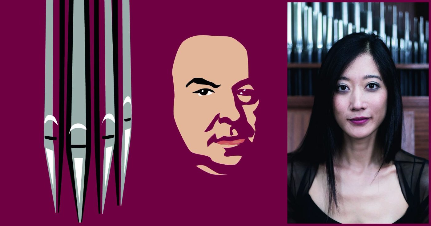 Triptych: left abstract spire shapes, middle stylized beige face, right portrait of a woman with dark hair against a library backdrop. This communicates a theme of art and people.