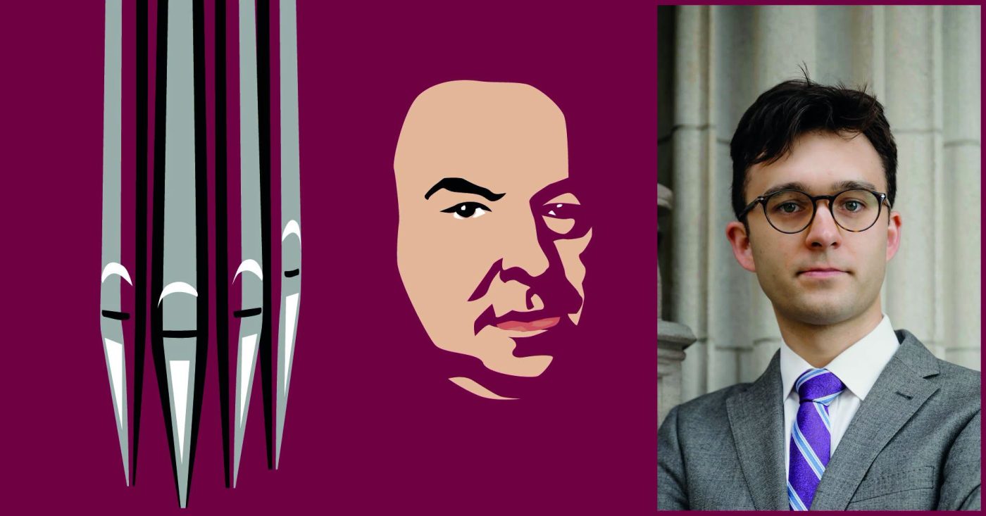 Collage: left abstract shapes, middle stylized beige face, right photo of a man in a gray suit and glasses.