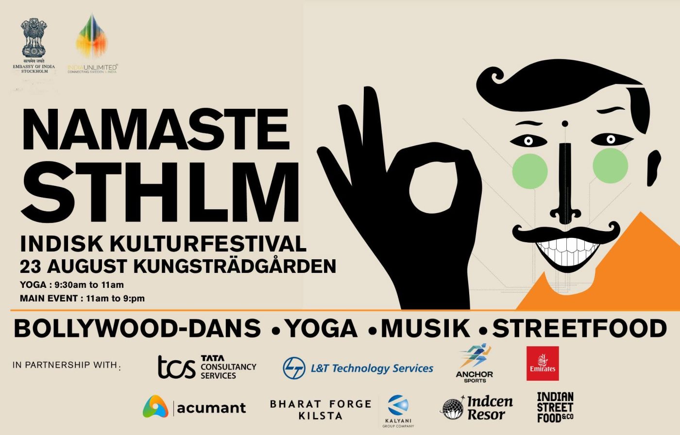 Poster for Namaste STHLM Indian Kulturfestival showing bold event title, stylized face and hand illustration, date, venue (Kungsträdgården), activities (yoga, Bollywood, music, street food), and sponsor logos at the bottom.