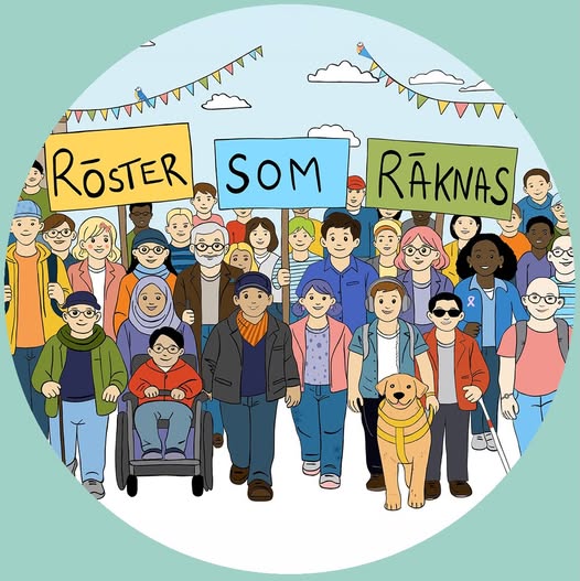 Diverse crowd at a rally holding signs that read 'Röster som räknas' (Votes that count), including a person in a wheelchair and a guide dog, against a light sky backdrop.