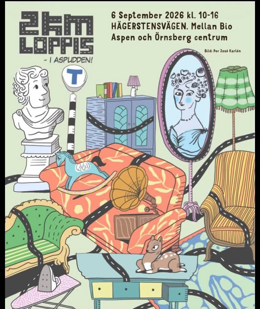 Event poster for a local yard sale: 6 September 2026, 10–16, at Hägerstensvägen between Bio Aspen and Örnsberg centrum, shown as a surreal living room collage with furniture and décor.