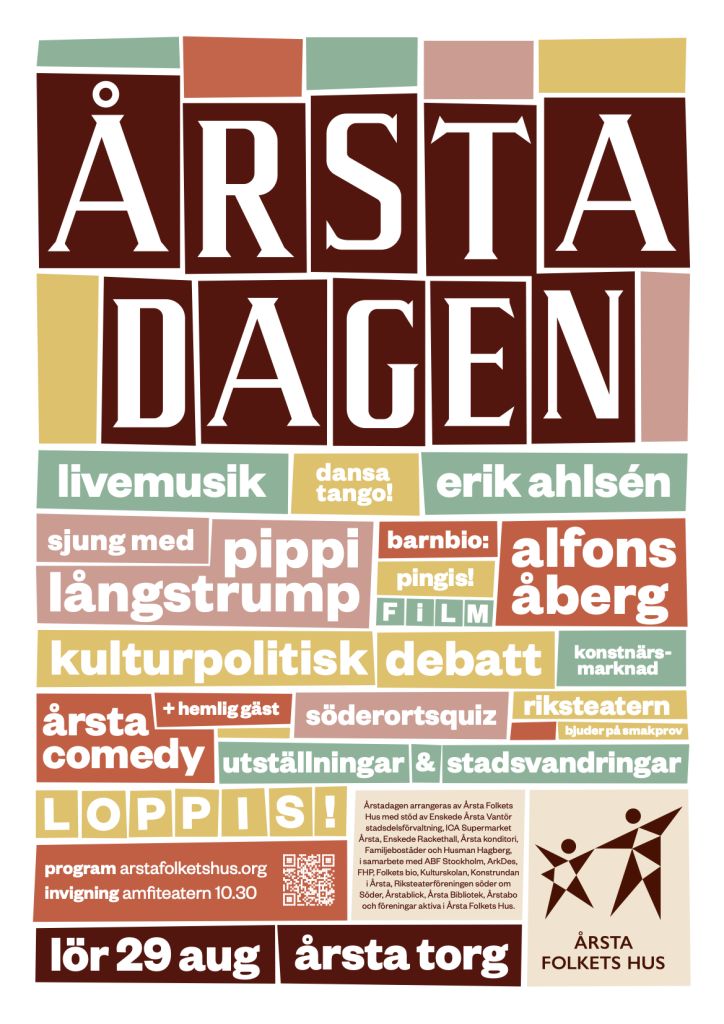 Colorful poster advertising Årsta Dagen festival with a grid of event blocks and the festival logo.