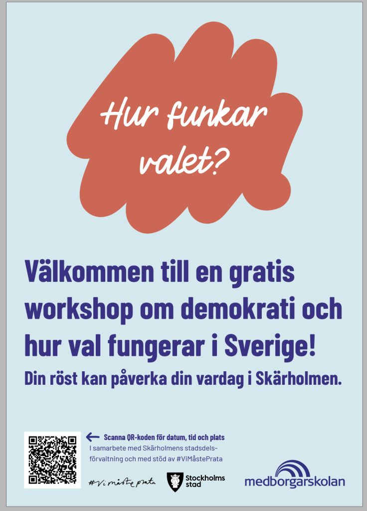 Promotional poster advertising a free workshop on democracy and how elections work in Sweden with a QR code and logos at the bottom.