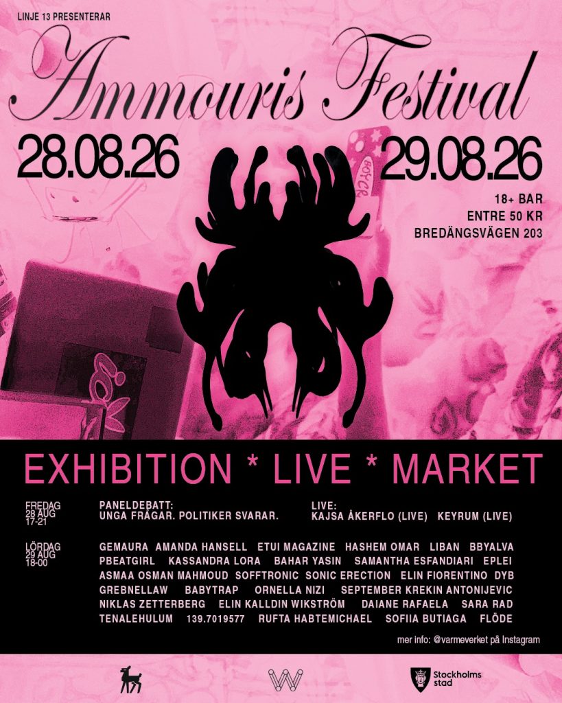 Pink festival poster for Ammourís Festival announcing exhibition, live music and market on 28–29 Aug 2026 with lineup text.