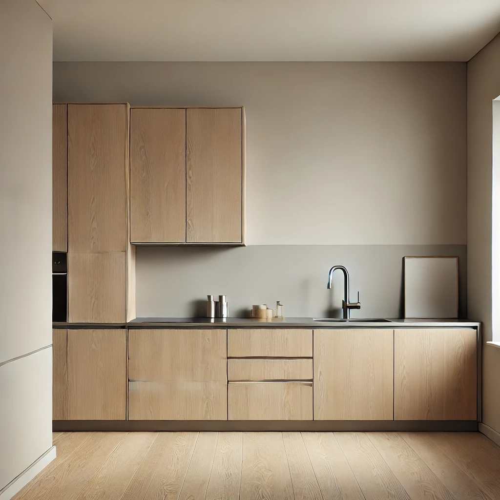 Minimalist kitchen with light wood cabinets, grey countertops, and a gooseneck faucet over a sink.