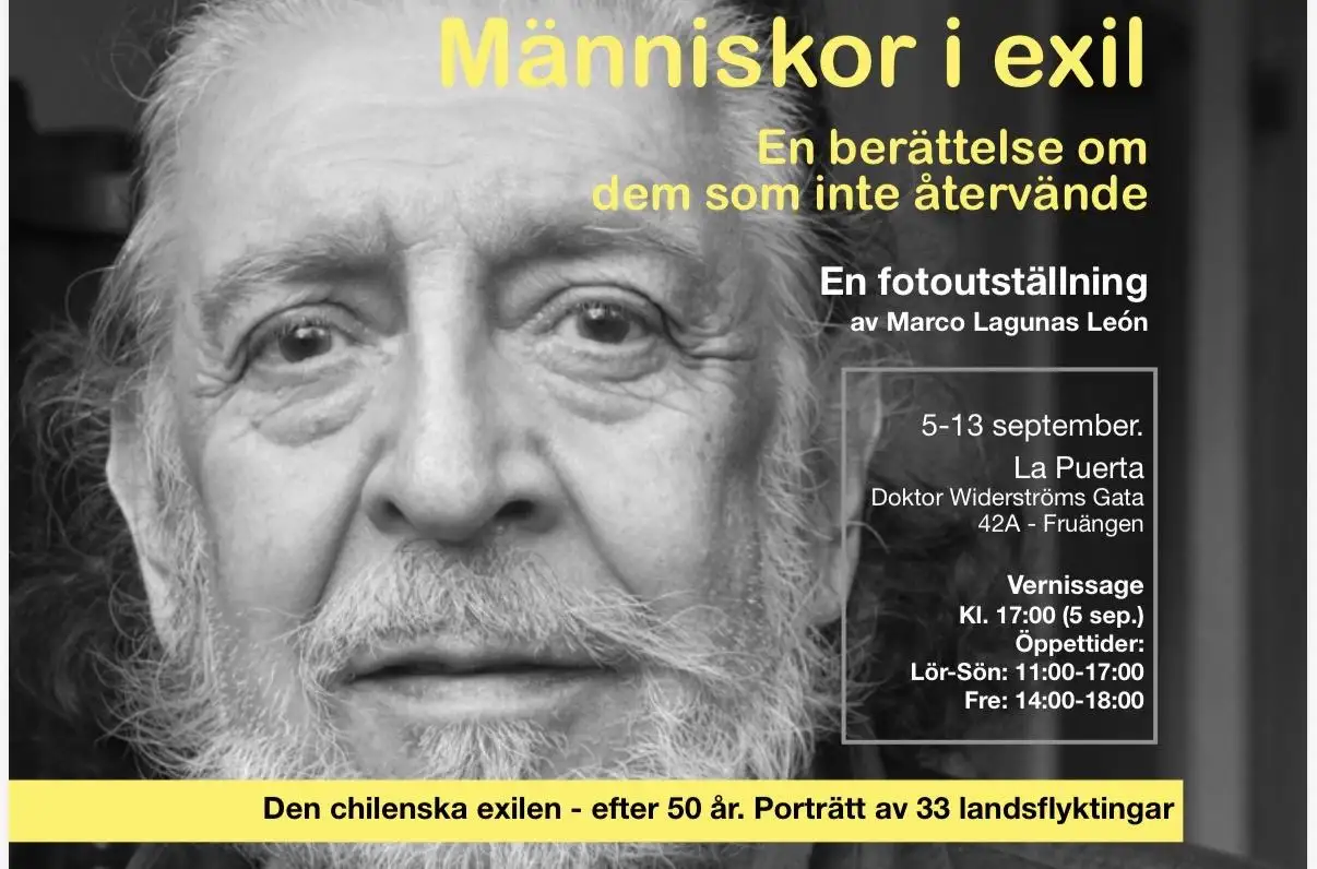 Black-and-white portrait of an elderly man with bold yellow Swedish text announcing the 'Människor i exil' exhibition and its dates and venue in Swedish.