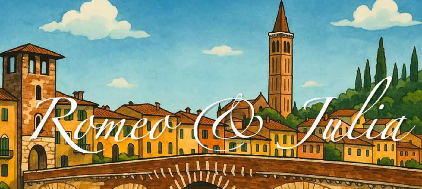 Illustrated Italian town with a stone arch bridge, orange houses, and a tall bell tower under a blue sky; decorative cursive text runs across the scene.