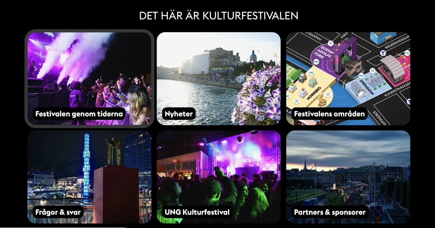 Screenshot 2026-08-13 at 18.50.23 Tile for 'Festivalen genom tiderna' showing a concert crowd with purple stage lights by the waterfront-era vibe text overlayed on the image, conveying a historical festival spotlight.