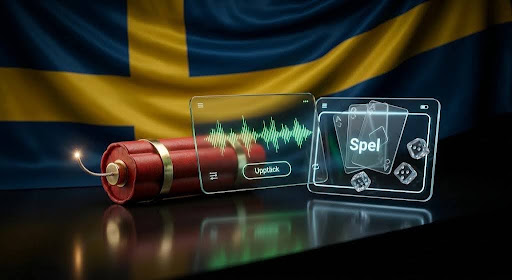 Futuristic gadget emitting sparks with holographic screens showing a waveform and dice, set against a Swedish flag backdrop.