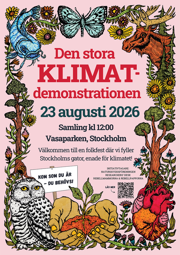 Poster for the Den stora KLIMAT-demonstrationen on 23 August 2026 in Vasaparken, Stockholm, with a decorative border of flowers and animals.