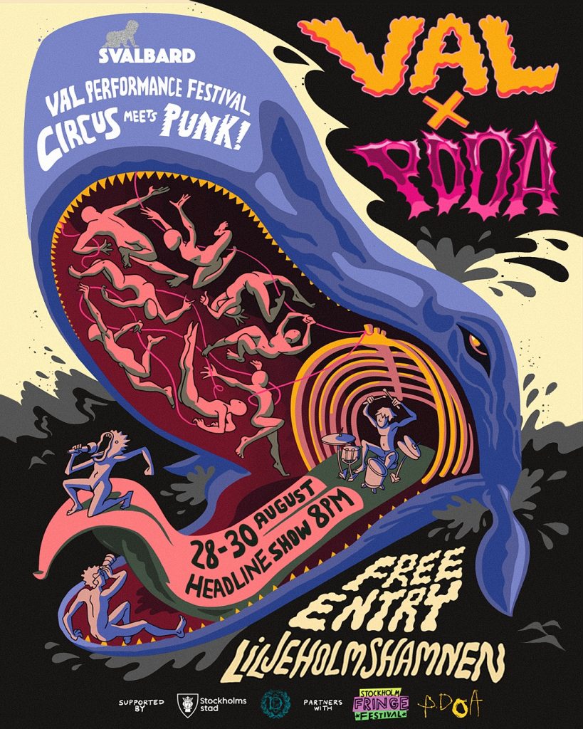Colorful festival poster showing a giant blue creature with an open mouth swallowing a circular stage where performers and a drummer appear; bold typography reads 'VAL x PØ DIA' with event details and dates.